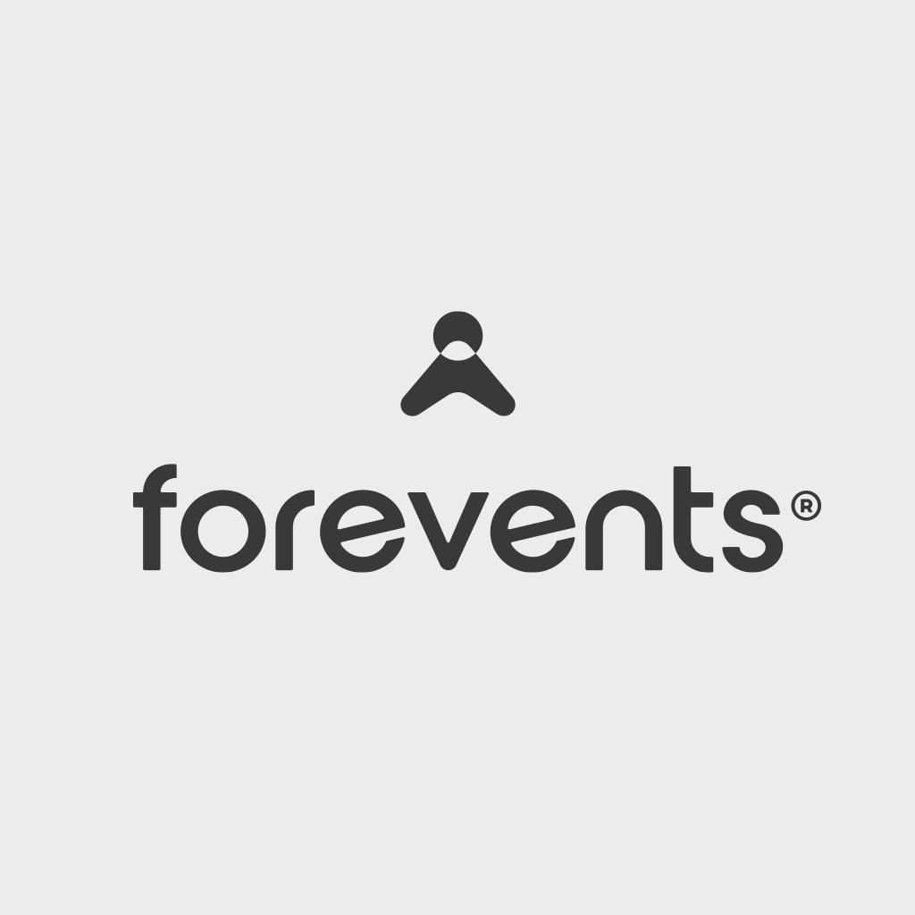 forevents Logo with black text "forevents" and a stylized abstract symbol above, on a light gray background.